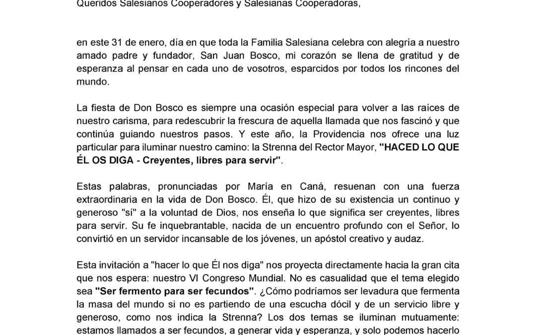 Mensaje de Antonio Boccia en la fiesta de Don Bosco